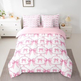 Erosebridal Cartoon Bowknot 7 Piece Comforter Set Full Bow Knot Bedding for Kids Butterfly Knot Bow Tie Sheet Set Bed in A Bag Watercolor Aesthetic Coquette Room Decor Geometric Pink Bed Set