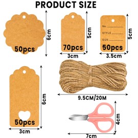 wonkeken 220PCS Kraft Paper Tags Christmas Labels 4 Styles Brown Gift Tags Price Tags with 20 Metres of Twine and Scissors for Christmas Decoration Gift Packaging DIY Crafts