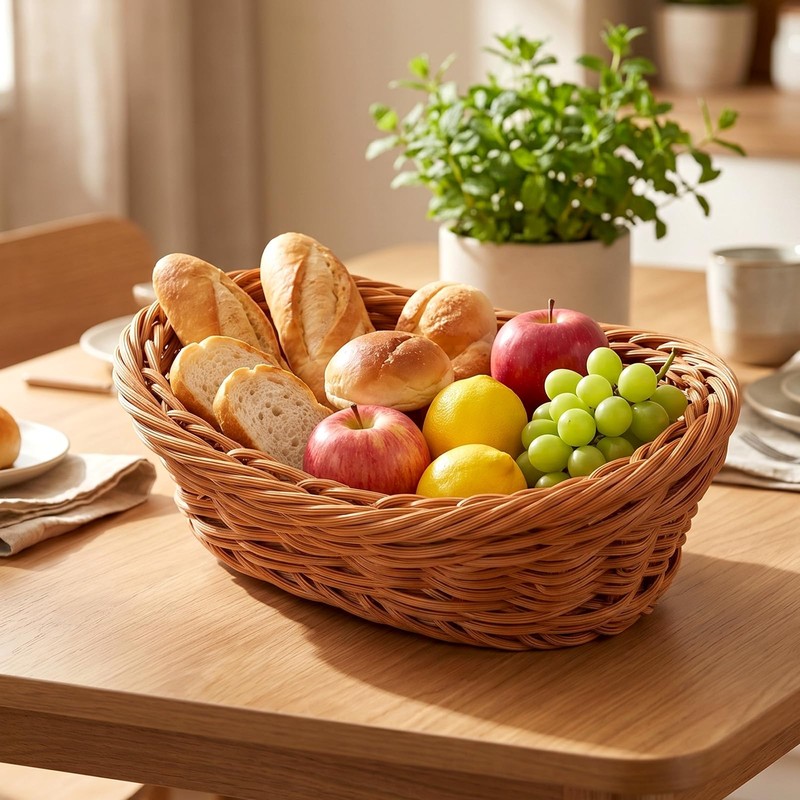 Small Poly Wicker Woven Bread Basket, Plastic Wicker Serving Basket