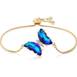 BONJOULRY Butterfly Crystal Bracelet for Women14K Gold Stainless Steel Butterfies Birthston Pendant Bracelet Aesthetic Valentines Day Lucky Birthday Gifts for Her(Dark Blue Bracelet)