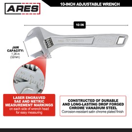 ARES 33060 – 10-Inch Adjustable Wrench – Drop Forged Chrome Vanadium Steel Construction – Wide Jaw Designs for a Variety of Fastener Sizes – SAE and Metric Size Markings