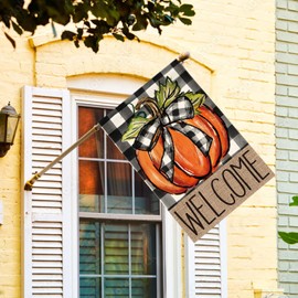AVOIN colorlife Fall Pumpkin Welcome House Flag Double Sided, Autumn Thanksgiving Holiday Harvest Buffalo Plaid Yard Outdoor Decoration 28x40 Inch