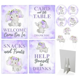 80 Pcs Purple Elephant Baby Shower Decorations Girl Party - 4 Table Centerpieces Welcome Sign, 36 Elephant Cupcake Toppers, 40 Thank You Stickers