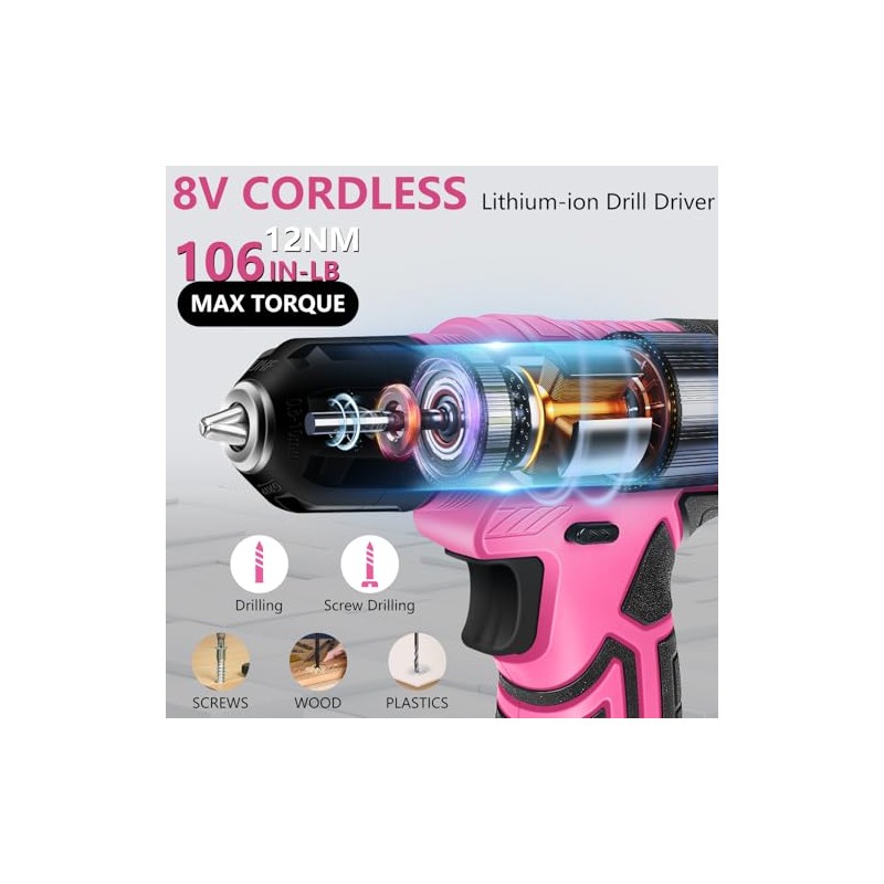 JENABOM 127-Piece Home Tool Set with 8V Pink Cordless Drill