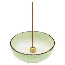 Asayu Japan Incense Stick Holder - Pastel Green Lotus - For Sticks 10 cm, Made in Japan, Traditional Ceramic, Includes Removable Brass Stand - For Yoga, Meditation and Relaxation