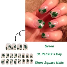 24Pcs Shamrock Press on Nails Short Square Fake Nails St. Patrick's Day False Nails Silver Glitter Full Cover Stick on Nail Lucky Clover Glue on Nails Coffin Shape Acrylic Nails for Irish Manicure Art