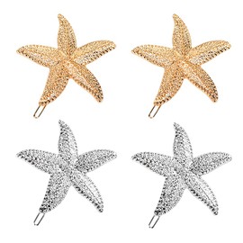 Starfish Hair Clips Beach Hair Barrettes for Women Girls 4pcs Seastar Hair Pins for Teen Girls Mermaid Bobby Pins Summer Hair Accessories for Women Girls (Silver + Gold)