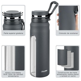 Termos Para Agua 1 Litro,Termo Acero Inoxidable Con Infusor De Té,Termos Para Cafe,Tapa HerméTica Antigoteo, Con Asa Para Transportar,Sin Bpa,Para Agua FríA (24 Horas) O Caliente (12 Horas) (Gris)