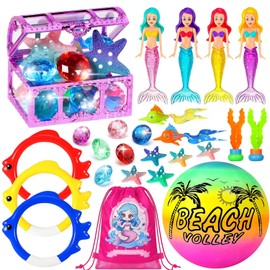 Pool Diving Toys for Kids Ages 3-12, DRAMATION 25 Pcs Mermaid Dive Pool Toys with Diving Gems and Treasure Chest, Diving Rings, Storage Bag, Summer Beach Swim Water Sinking Toys for Boys Girls 3-5 4-8