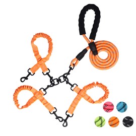 3 Way Dog Leash,No Tangle for Three Dogs, 3 in 1 Dog Leash with 360° Swivel, Shock Absorbing, Reflective Threads Comfort Foam Handle, Ideal for Small Dogs and Dog Training (Orange, Three Leashes)
