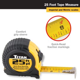 Titan 25 Foot Tape Measure Ergonomic Design Quick Read Standard Markings Durable Case