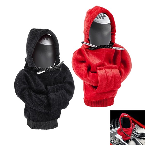 2 PCS Gear Stick Hoodie Car Gear Shift Cover Universal Car Gear Stick Knob Cover Funny Hoodies Gear Lever Decoration Auto Gear Knob Hoodie Dust Proof Protection Sweatshirt(Black+Red)