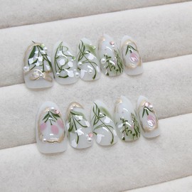 Mkwntg 24Pcs Green Flower Press on Nails Medium Almond Fake Nails with 3D Pearl Rhinestones Design Glossy Gold French Tip Acrylic False Nails Elegant Floral Bow Full Cover Stick on Nails for Women DIY