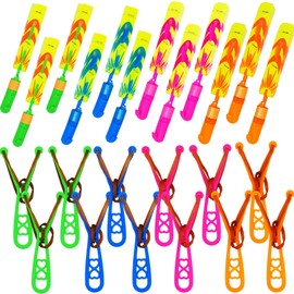 JX 24 Pack Rocket Slingshot Flying Toys with Led Lights,24Pcs LED Arrow Helicopters + 24Pcs Launchers,Summer Outdoor Game LED Slingshot Toy for Kids, Glow in The Dark Kids Party Supplies