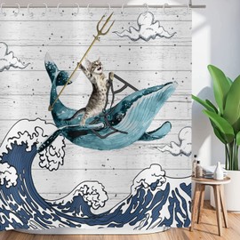 ASDCXZ Funny Shower Curtain, 180 x 200 cm, Cats Ride Whales, Sea Wave, Washable, Funny Textile Bathroom Curtains, Polyester Waterproof Shower Curtains for Bathtub with 12 Shower Curtain Hooks