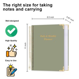 Qzyoneei Undated Daily Monthly Planner for 2025 2026 - A4 To Do List with Hourly Schedule, Hardcover Spiral Bound Daily Planner to Increase Focus, Stylish School/Office Supplies, 8.5" x 11", Green