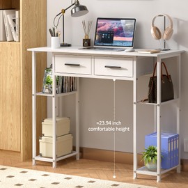 DAOUTIME White Computer Desk with Drawers, 37.3 Inch Home Office Work Desk with Storage Shelf, Kids Teens Study Table for Small Space, Small Writing PC Desk for Bedroom Makeup Vanity Desk