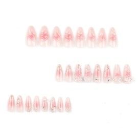 JUSTOTRY 24 Pcs Butterfly Almond Fake Nails Short,Press on Nails with 3D Sculpting Metallic Pattern,Glossy Pink False Nails Medium for Nail Art,French Oval Pearls Stick on Nail for Women Gifts