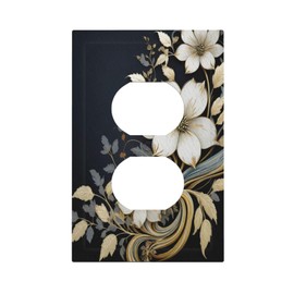 White Gold Flowers Leaves 1 Gang Duplex Outlet Covers Decorative Single Light Switch Cover Electrical Receptacle Wall Plate Plug Switchplate Bathroom Decor