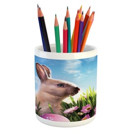 Ambesonne Easter Pencil Pen Holder, Blossoming Flowers with Colorful Painted Eggs and Fluffy Bunny Nature Photography, Printed Ceramic Pencil Pen Holder for Desk Office Accessory, Multicolor