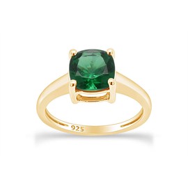 AFFY 7MM Cushion-Cut Simulated Green Emerald Solitaire Ring in 14k Gold Over Sterling Silver (2 Ct), Gift For Her, Sterling Silver Yellow Gold, Emerald