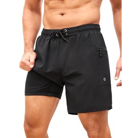 SILKWORLD Mens Swim Trunks 6" Quick Dry Bathing Suit Beach Swimming Shorts with Compression Liner and Zipper Pocket, Black, XX-Large