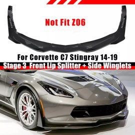 MQ For 14-19 Corvette C7 Stingray Front Lip+Winglets Gloss Black Z06 Stage 3 Style
