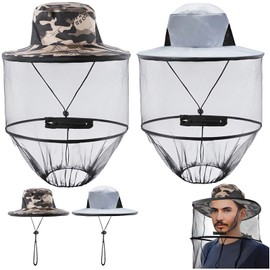 YELINTIAN 2 Pack Mosquito Net Hat, Bug Hats with Netting, Removable Mosquito Head Net Hat Bee Keeper Hat, Sun Hats with Hidden Net Mesh Mask for Outdoor Fishing Hiking Gardening Men or Women