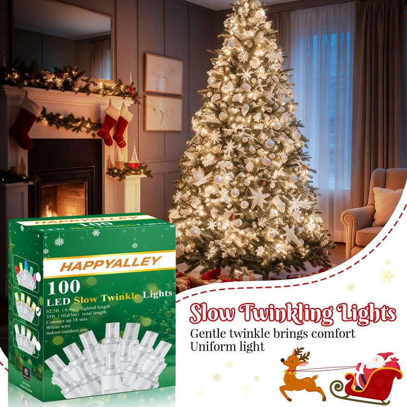 HappyAlley Slow Twinkle Christmas Light, 100 LED 35Ft Twinkle String
