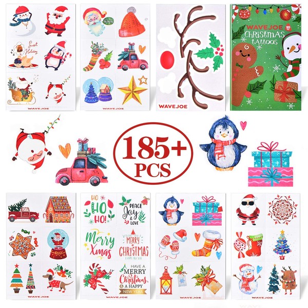 WAVEJOE 185+PCS Christmas Temporary Tattoos for Kids Stocking Stuffers, Watercolor Style Xmas Holiday Decals Goodie Gift Party Favors