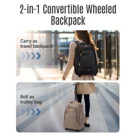 LIGHT FLIGHT Rolling Travel Backpack, Water-Resistant Travel Laptop Backpacks with Wheels for Adults, 17 Inch Large Roller College Backpack Luggage Carry on, Black