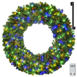 MAISONRINA 60in Large Prelit Christmas Wreath Outdoor with Lights, Artificial Lighted Christmas Wreaths with 300 Colorful LEDs, Metal Hook, Plug-in, 11 Functions for Home Holiday Decor
