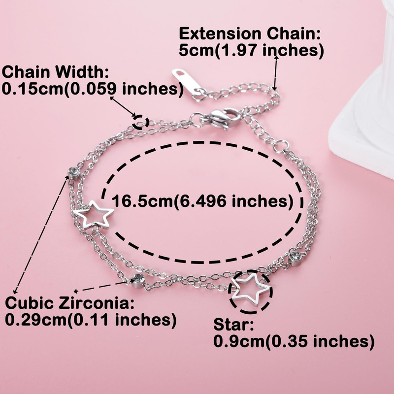 Double Layered Bracelet Star CZ Titanium Steel Adjustable Link Chain