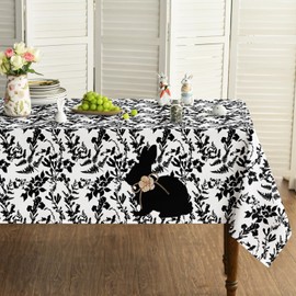 Horaldaily Easter Tablecloth 60×120 Inch Rectangular, Black Grass Easter Flowers Bunny Washable Seasonal Table Cover for Party Picnic Dinner Decor