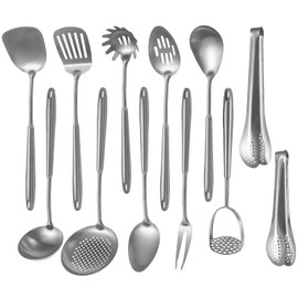 304 Stainlss Steel Kitchen Utensils Set, 12 Pcs Long Metal Cooking Utensil Gadgets Tools Set with Spatula, Ladle, Spoon, Ladle, Skimmer, Tunner, Pasta Server, Tongs(Silver, Dishwasher Safe)
