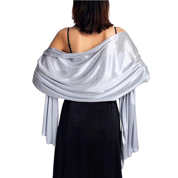 GFM Silky Feel Scarf Shawl for Evening Weddings Bridesmaids-Silver- (88)(SLKLUX-CH)