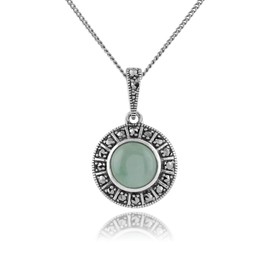 Gemondo Art Deco Style 925 Sterling Silver 1.44ct Green Jade & Marcasite Necklace