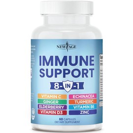 NEW AGE 8 in 1 Immune Support Booster Supplement with Echinacea, Vitamin C and Zinc 50mg, Vitamin D 5000 IU, Turmeric Curcumin & Ginger, B6, Elderberry Dietary Healthcare - Size: 1 Bottle