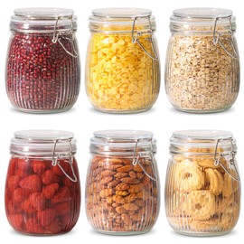 ComSaf Airtight Glass jar with lid 25oz Set of 6, Glass Storage Containers with Lids, Glass Canister, Mason Jars, Striped Clip Fastening Jar for Kitchen Canning, Oat, Coffee, Pasta, Snack, Nut, Candy