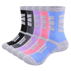 YUEDGE Womens Outdoor Hiking Socks Moisture Wicking Cushioned Casual Athletic Socks Padded Work Boot Socks Thick Casual Cotton Socks for Women Size 9-11, 5 Pairs/Pack