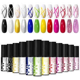 MEET ACROSS 12 Colors Liner Painting Gel Nail Polish Set Red Yellow White Black Primary Color Collection Glitter Silvery Golden Pink Drawing Gel Nail Polishes Nail Design