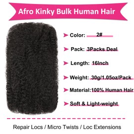 Unionbeauty 16 Inch 3 Bundles Afro Kinkys Bulk Human Hair for Micro Twist Crochet Hair Light Brown Dreadlock Extensions Loc Repair Afro Kinky-Curly Human Braiding Hair 2#