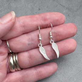 Angel Wings Charm Earrings, Tibetan Charms on Nickel Free Silver Tone Hooks : 34mm Long, Pretty Guardian Angel Jewelry for Women, Faith Symbol Drop Earrings