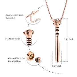 Oinsi Urn Necklace for Ashes Sport Keepsake Jewelry for Women Men Baseball Bat Cremation Urn Necklace Memorial Pendant with Filling Kits(Rose Gold)