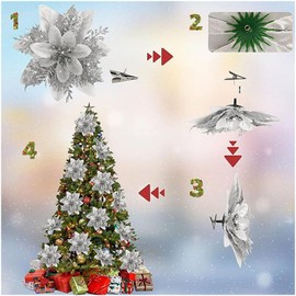 Naturezhen 12Pcs Poinsettia Flowers Christmas Decor, Artificial Flowers Christmas Tree Decorations with Clips and Stems for Xmas Wreath Wedding Party Decorations (Silver)