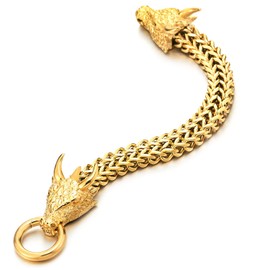 COOLSTEELANDBEYOND Men Gold Steel Square Franco Chain Curb Chain Bracelet Dragon Head Scales Spiked Horn, Ring Clasp