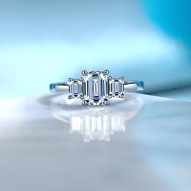 1.6 CTW Three Stone Emerald Cut Moissanite Engagement Ring S925 Sterling Silver with Tapered Baguette Side Stones Fine JewelryColor: Silver, Ring Size: 7#