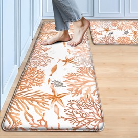 Kitchen Mats for Floor Cushioned Anti Fatigue Sets of 2 Coastal Kitchen Rugs Non Slip Waterproof Nautical Foam Kitchen Floor Rug Beach Theme Coral Fish Comfort Standing Mat for Sink Laundry, Coral