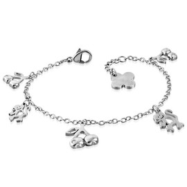 Bungsa Cherries & Monkeys Charm Bracelet Stainless Steel Silver (Lobster Clasp Charm Chain Bracelet Women's Bracelet Men's Bracelet Anklet Surgical Steel Jewellery Stainless Steel Bracelet), Stainless
