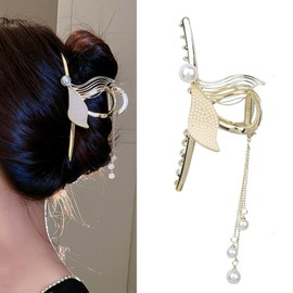 fdsmall Gold Hair Clips for Women Metal Rhinestone Pearl Hairpin Fish Tail Tassel Claw Clips Large Hair Jaw Clamp Accessories Headdress Hairpin for Thick Hair (01)